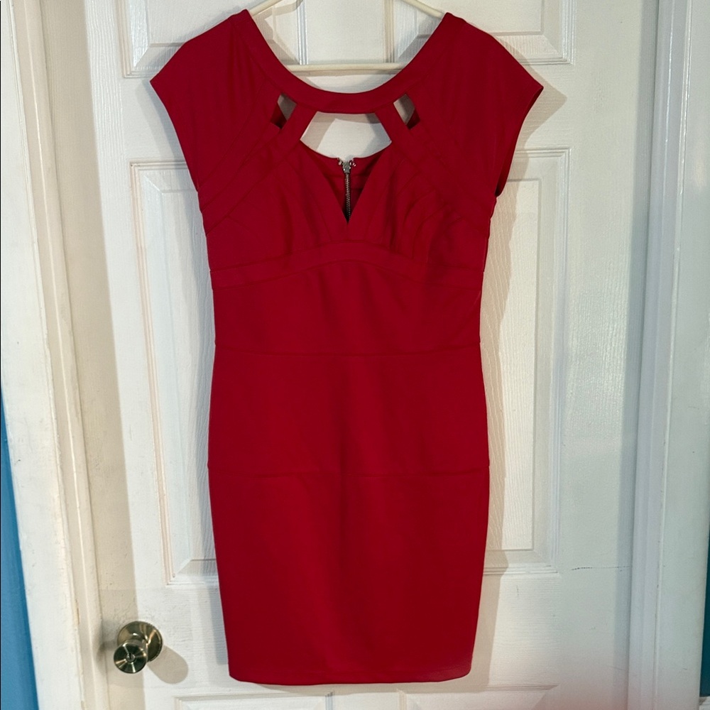 Guess Red Bodycon Lined Midi Dress with Cutout
